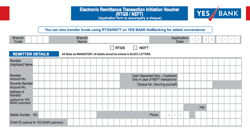 Yes Bank NEFT Form