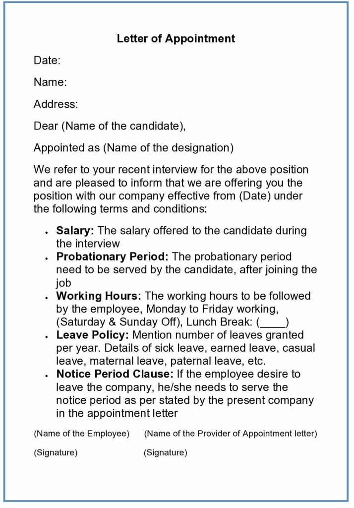 Appointment Letter Format in word